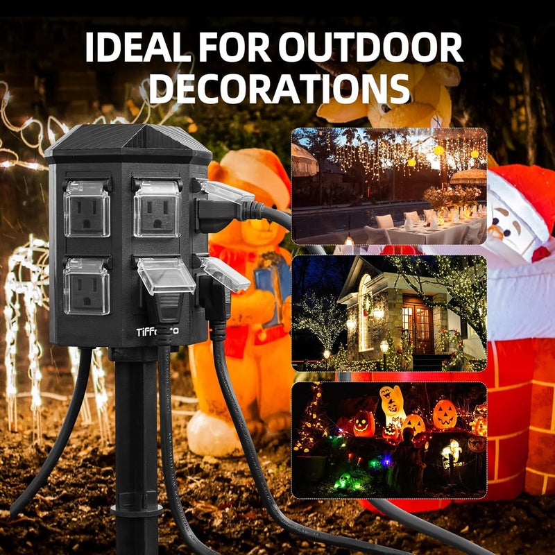 Tiffcofio Outdoor Power Strip Weatherproof, 25 FT Extension Cord with Stake, 6 Grounded Outlets for Christmas Yard Decorations and Inflatables, 15A/1875W, ETL Listed - Image 5